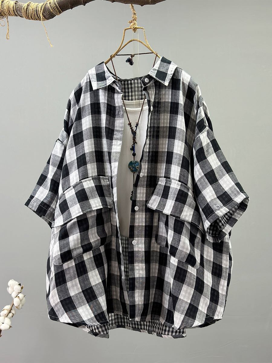 Women Summer Casual 100%Cotton Plaid Turn-down Collar Shirt