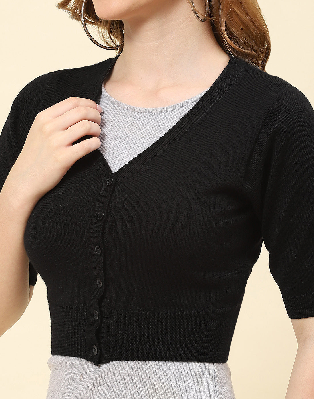 Women Black Solid V Neck Half Sleeve Blouse