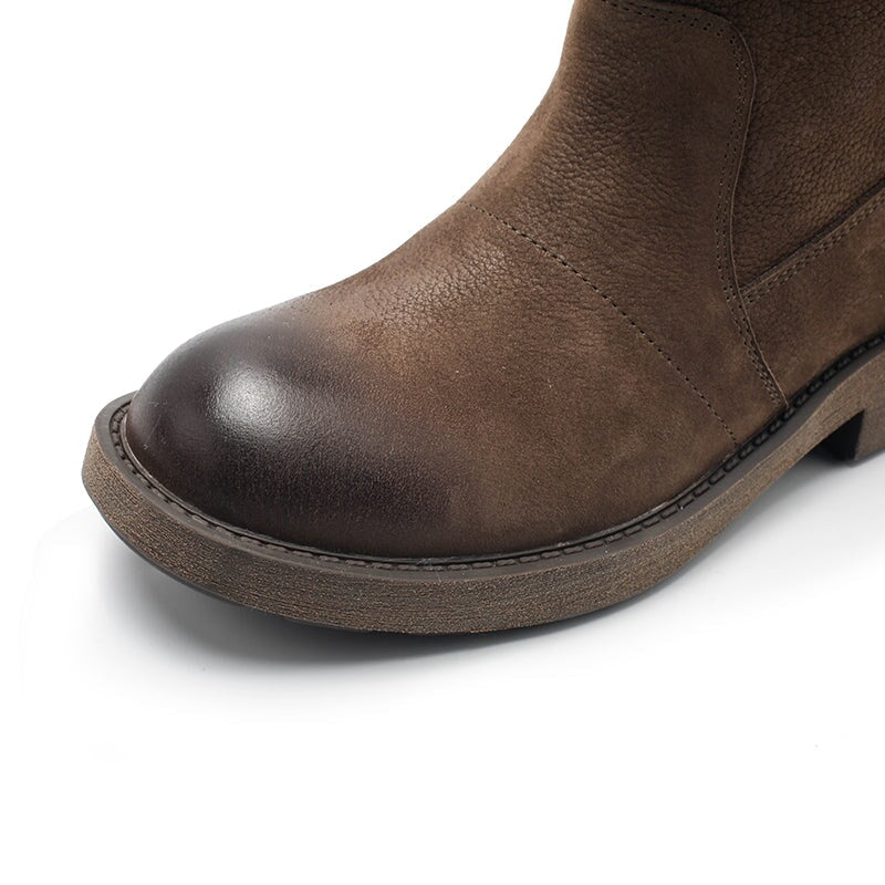 Designer Leather Mid Calf Boots Fold Design Riding Boots Pull On Style With Buckle Detail in Gray/Black