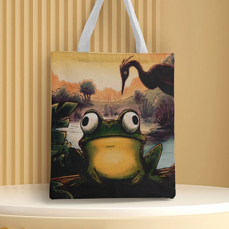 Women's Canvas Cartoon Frog Basic Classic Style Square Open Canvas Bag