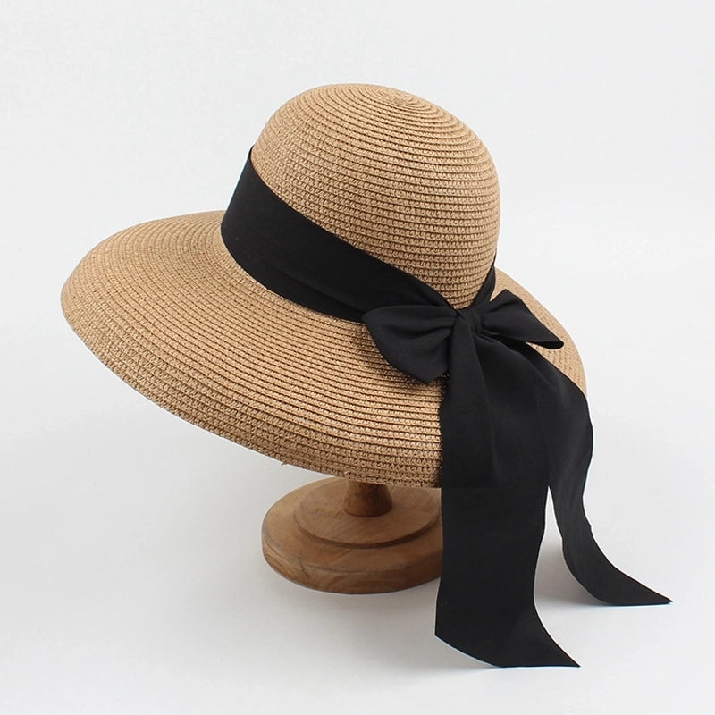 Women's Classical Retro Pastoral Solid Color Bowknot Big Eaves Straw Hat