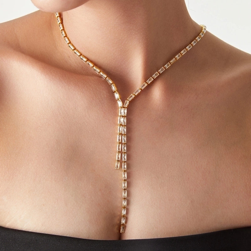 Elegant Minimalist Quadrilateral 304 Stainless Steel Glass Zircon 18K Gold Plated Inlay Pendant Necklace