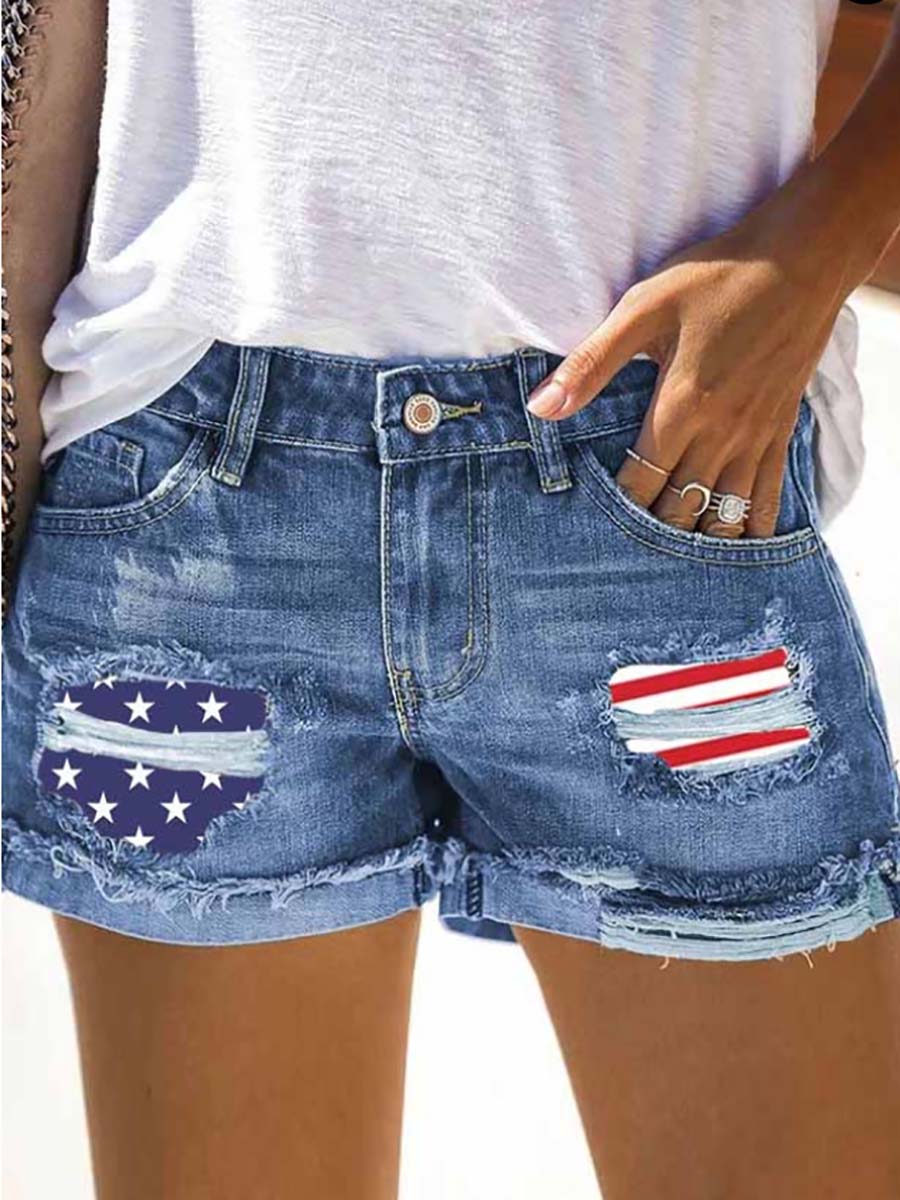 National Flag Torn Denim Shorts