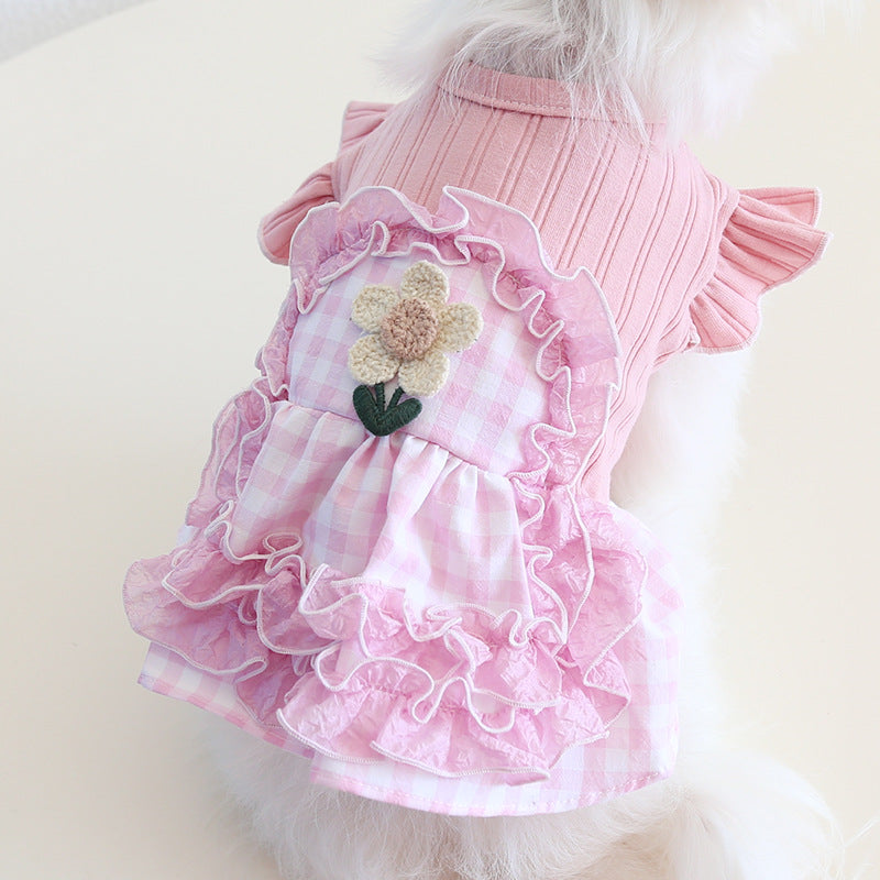 Sweet Flower Plaid Lace Dog Cat Dress