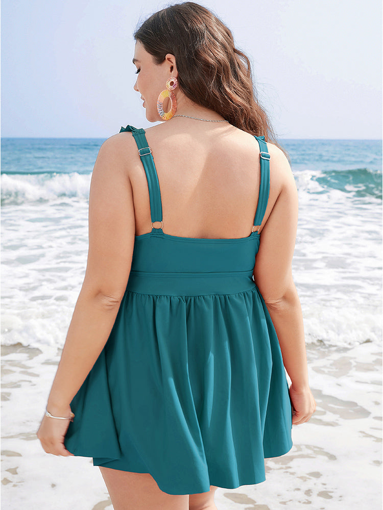 Ruffle Trim Adjustable Straps Gathered Sculpt Waist Swim Dress