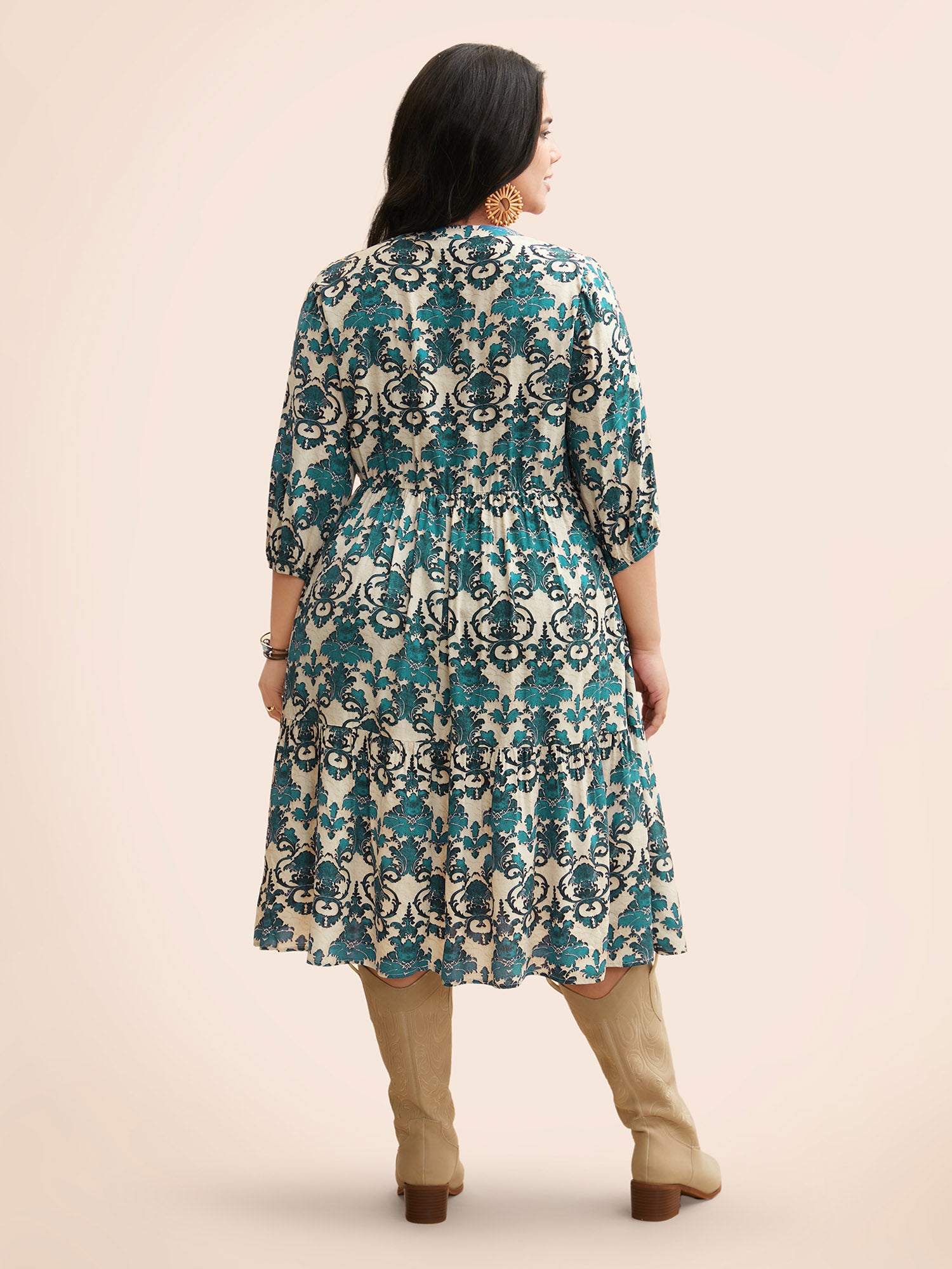 Boho Print Tie Knot Puff Sleeve Dress