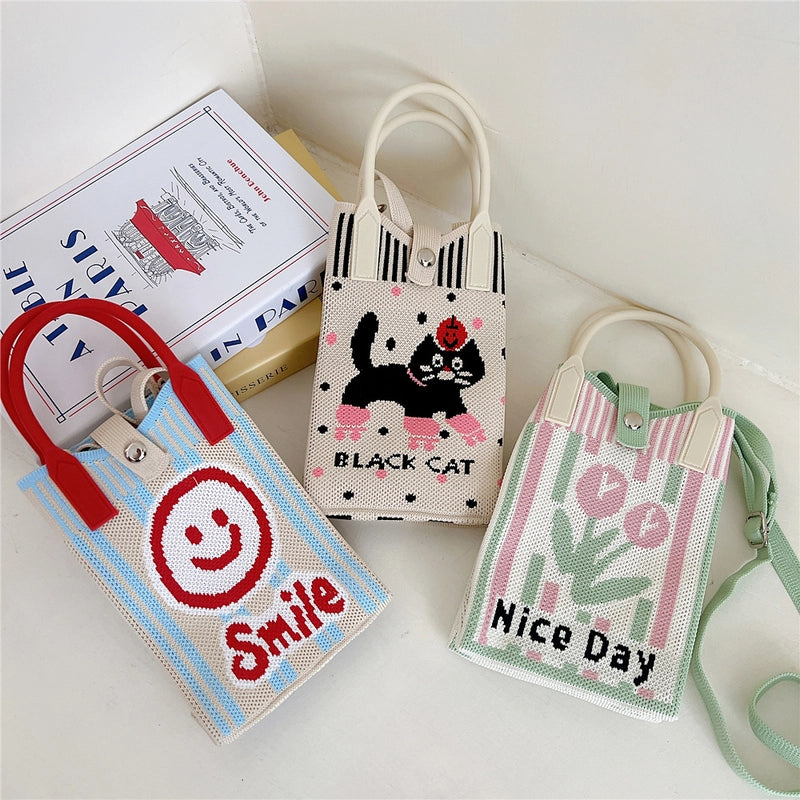Women's Small Knit Cat Vintage Style Classic Style Bucket Buckle Handbag