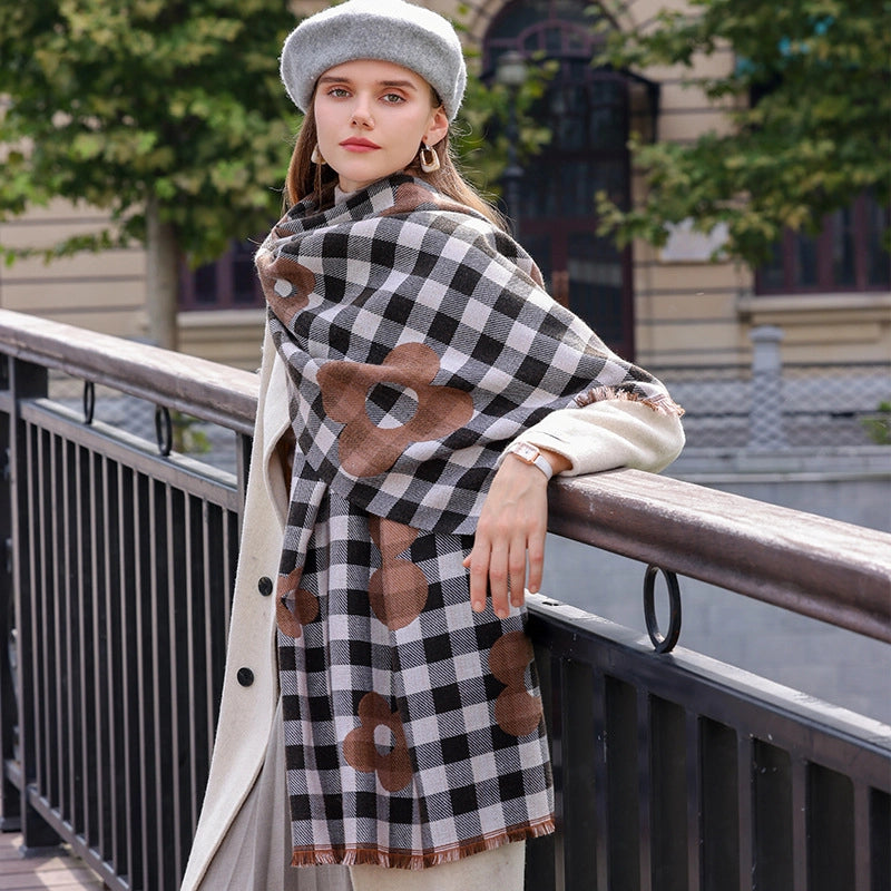 Women's Basic Plaid Flower Polyester Scarf