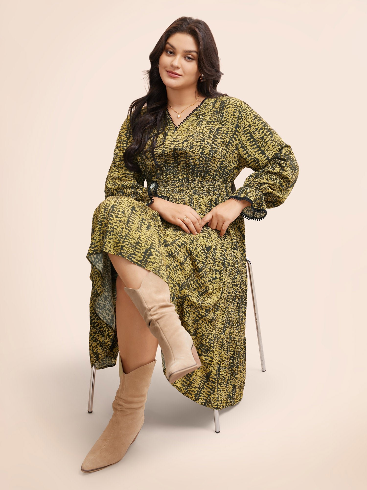 Geometric Print Pompom Trim Ruffles Dress