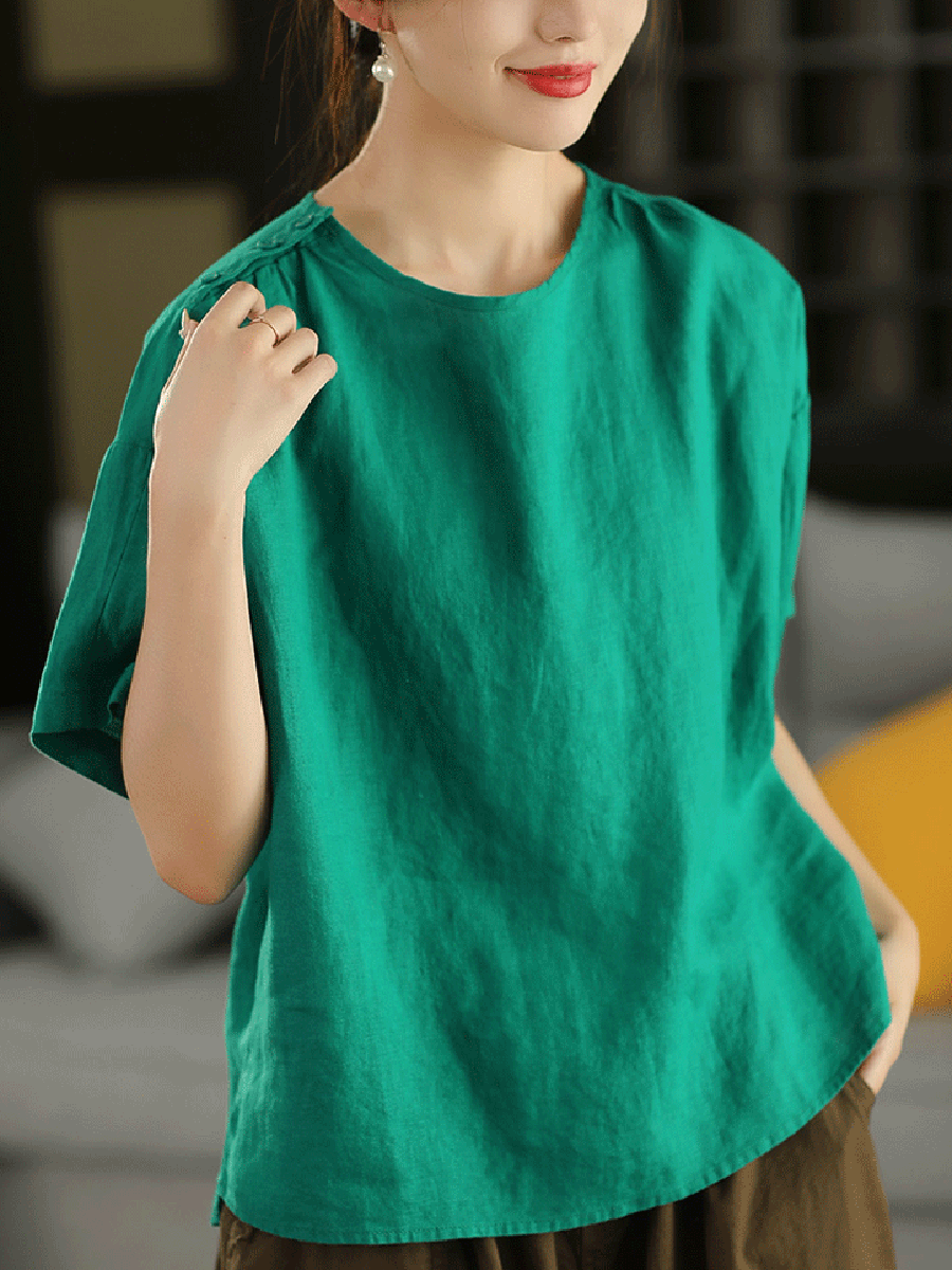 Women Summer Artsy Pure Color O-Neck 100%Linen Shirt