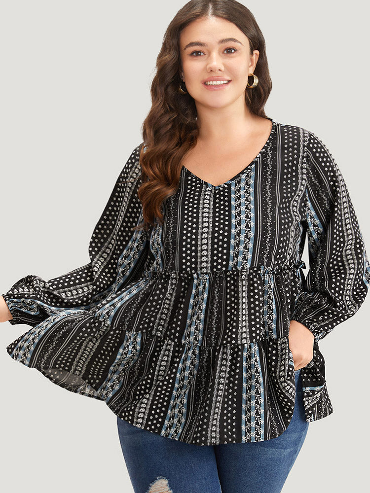 Boho Print Frill Trim Ruffle Layered Hem Blouse