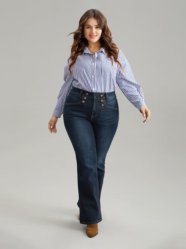 Flare Leg Button Detail High Rise Jeans