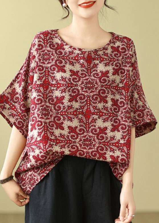 Natural Red Print Loose T Shirts Short Sleeve