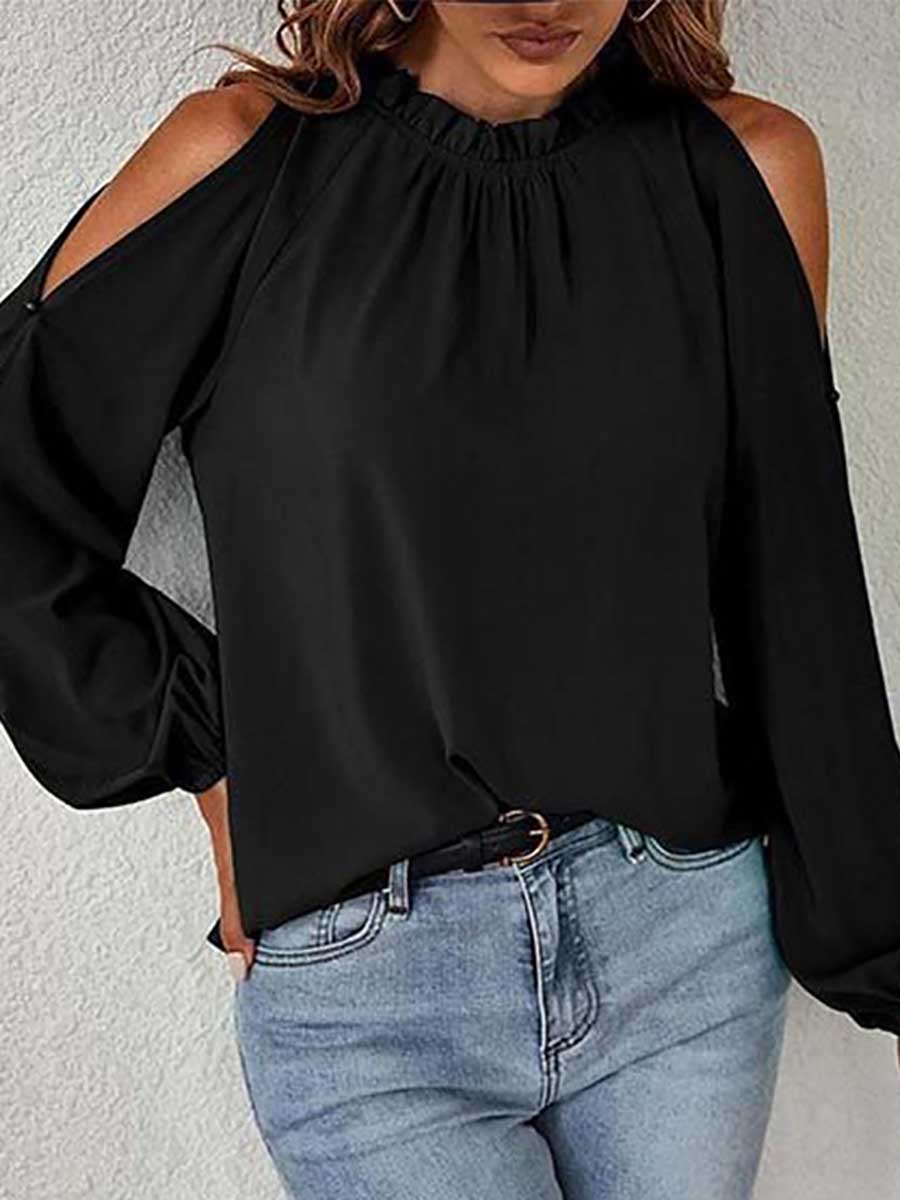 Round neck off-shoulder chiffon shirt
