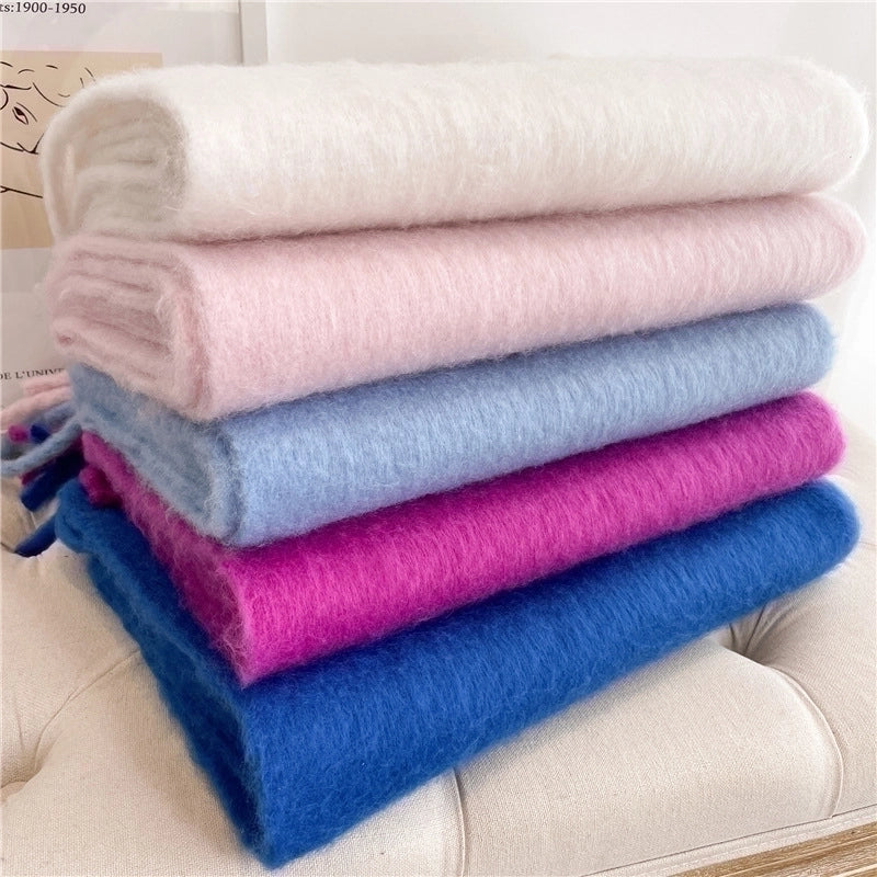Mohair Scarf Pure Color All-matching Winter Warm Lengthened Fringe Bib Scarf Men's And Women's European And American Export Thick Scarf