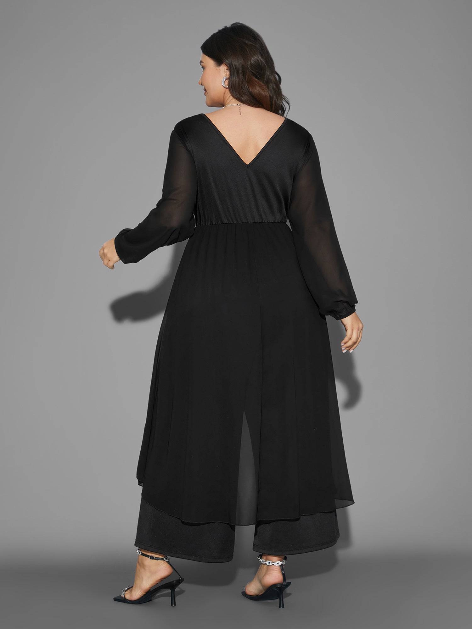 Chiffon Mesh Overlap Collar Gathered Jumpsuit