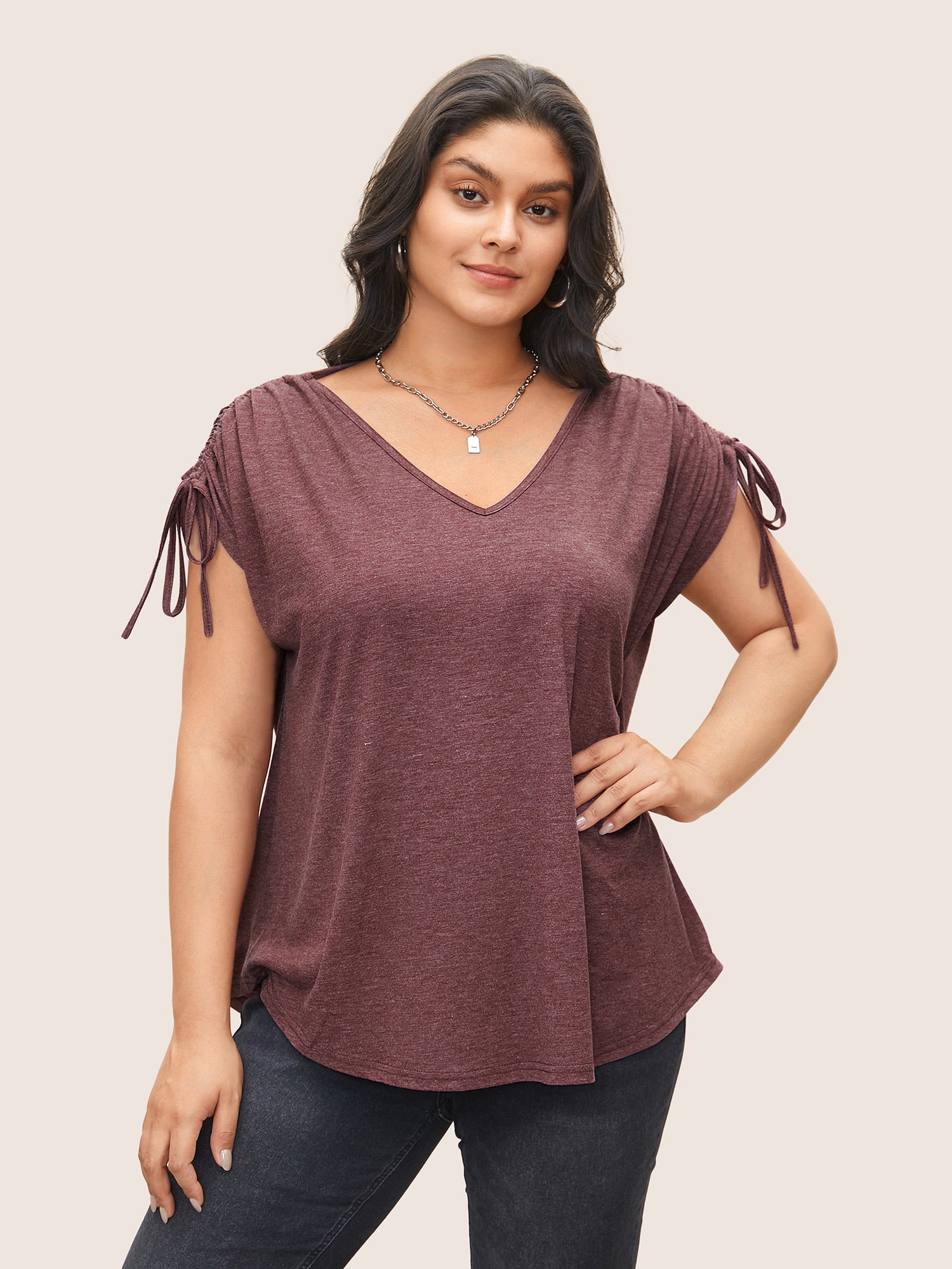Solid Drawstring Dolman Sleeve T-shirt