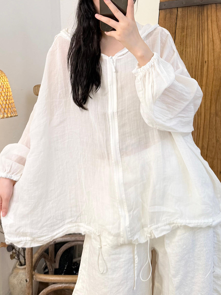 Women Summer Artsy Pure Color 100%Ramie Hooded Shirt