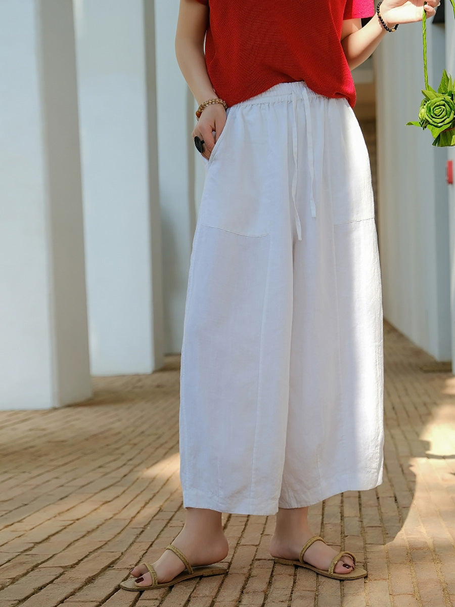 Women Summer Casual Pure Color 100%Linen Bloomers