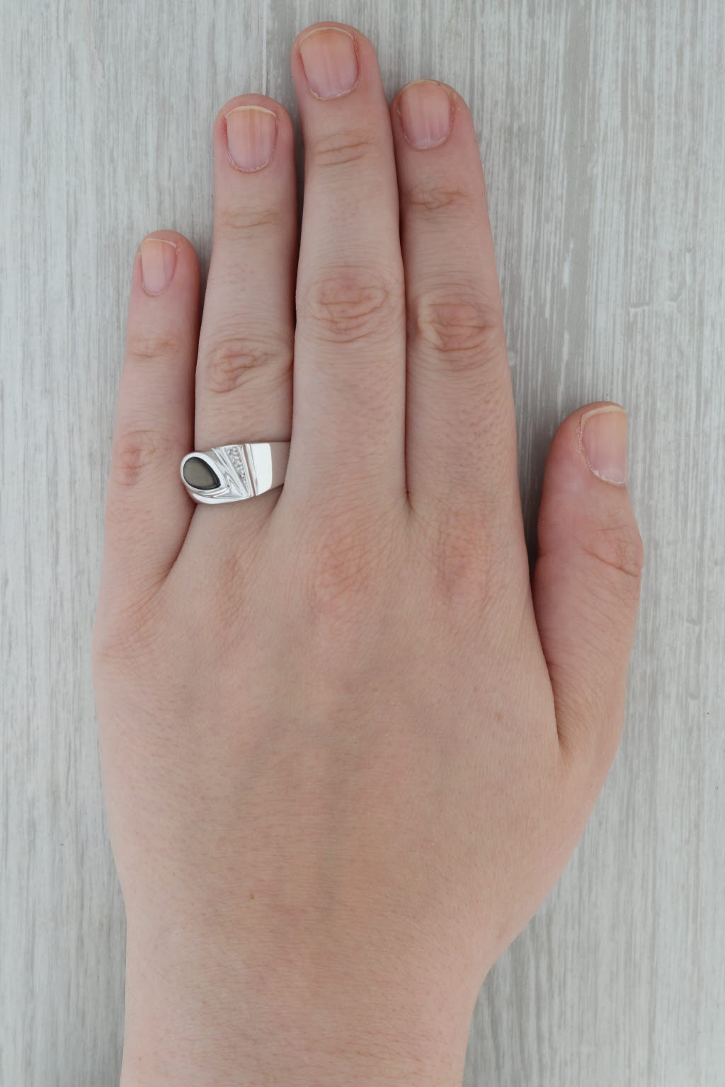 Pear Cabochon Black Star Sapphire Diamond Ring 10k White Gold Size 9.75-10