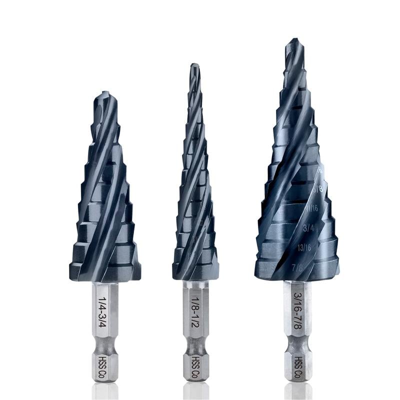 3pcs Four Spiral Flute Cobalt Step Drill Bit Set