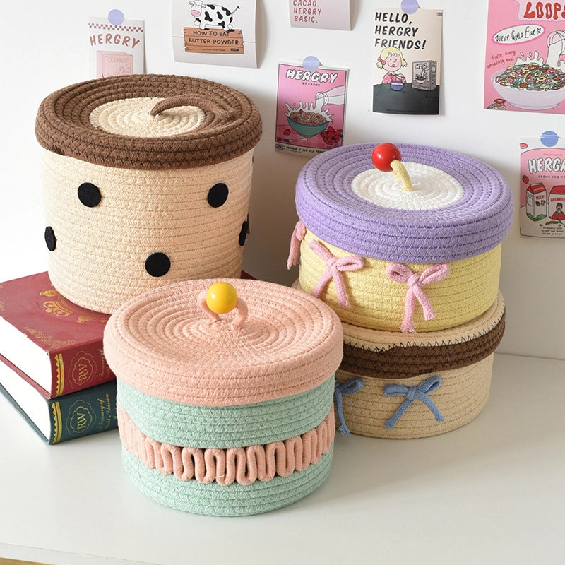 Cute Color Matching Color Contrast Pattern Cotton Thread Storage Basket