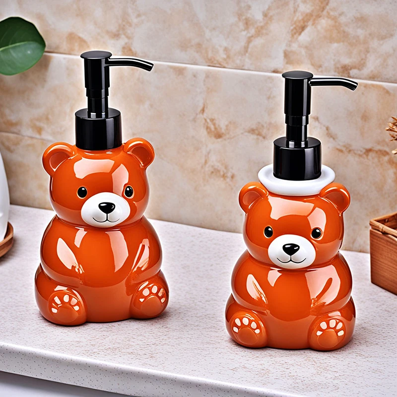 Hotel kitchen bathroom home decor animal ceramic cartoon brown bear foam liquid soap dispenser bottles set