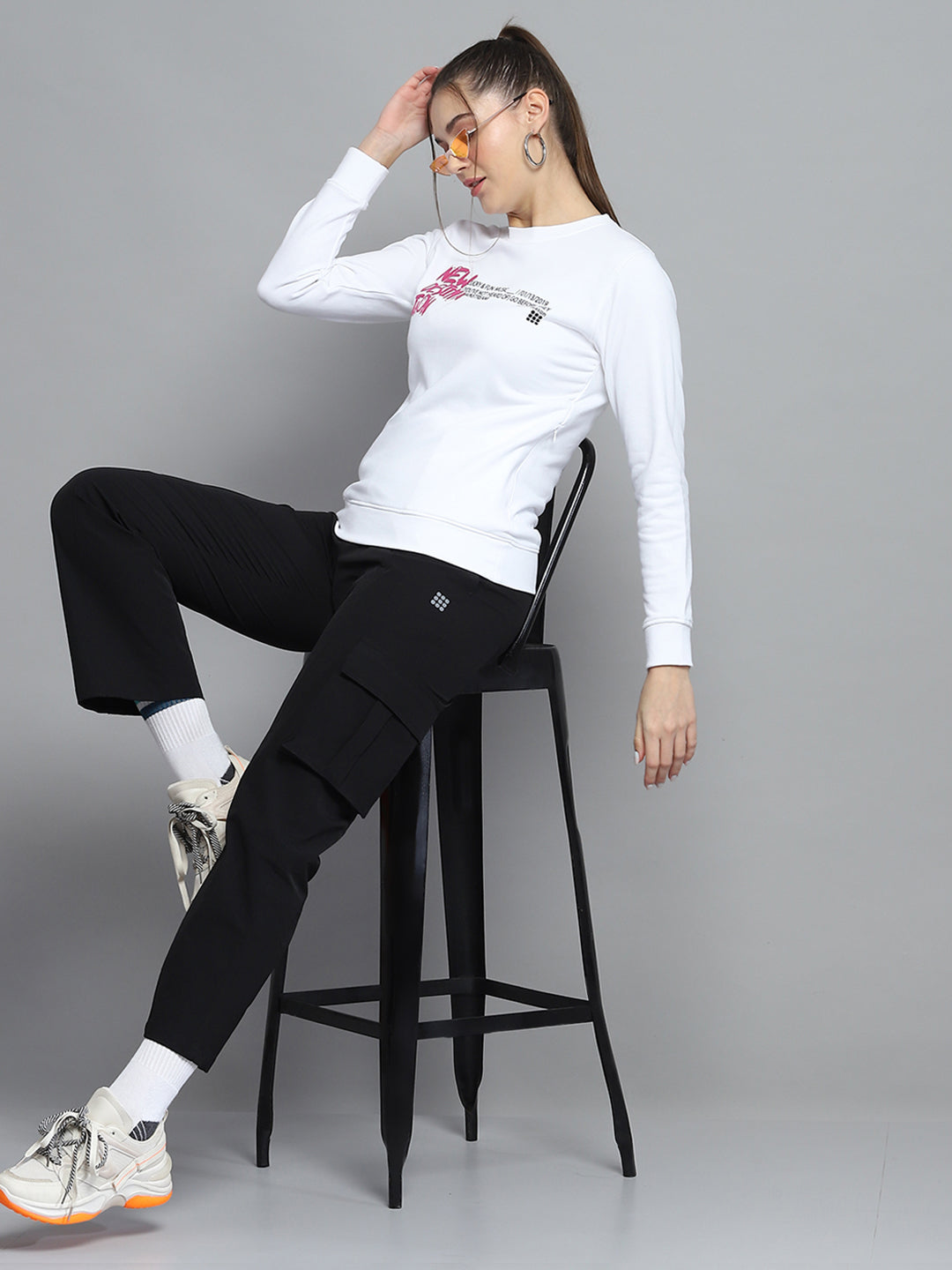 Women White Printed Round Neck Full Sleeve Sweatshirt