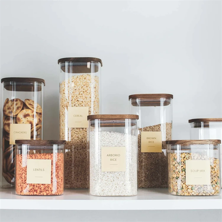 High airtight kitchen food storage container organizers glass spice jar with bamboo lids