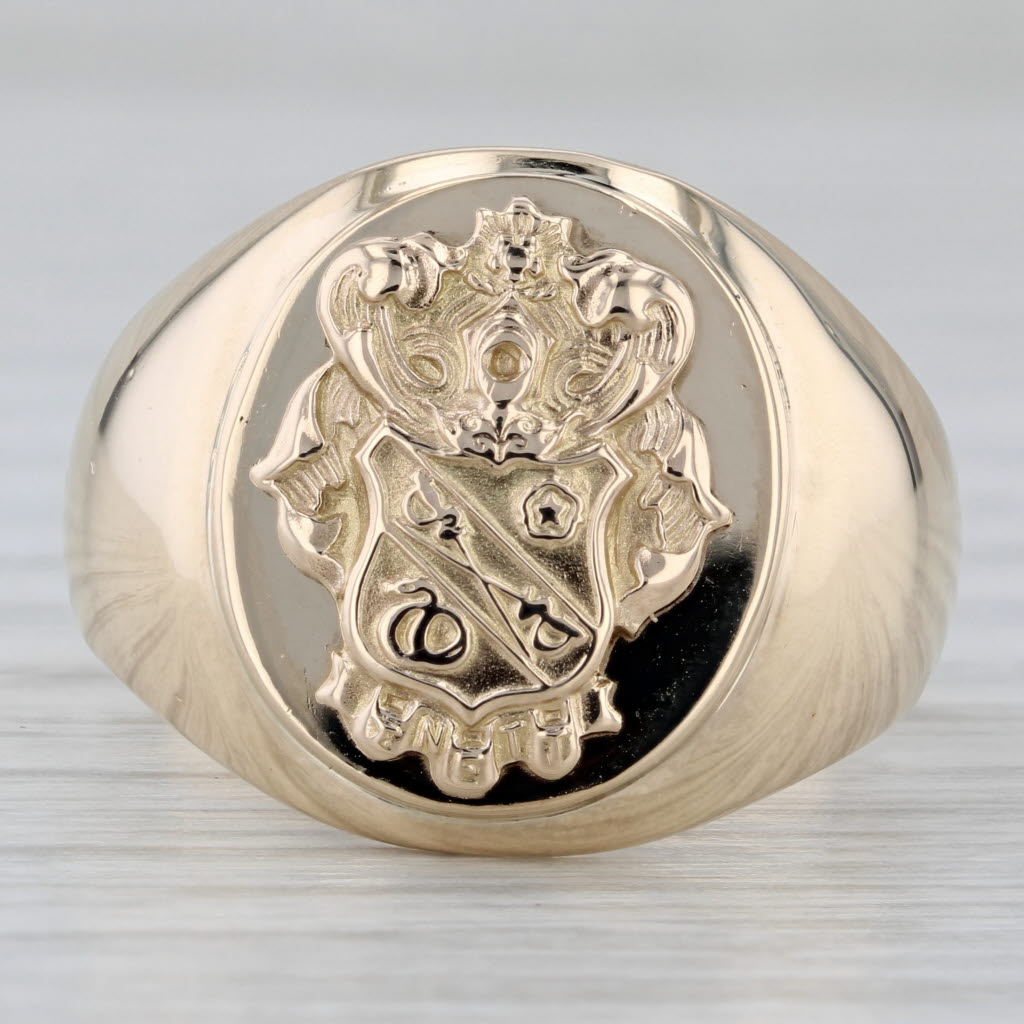 Vintage Sigma Nu Fraternity Crest Signet Ring 10k Yellow Gold Sz 10 Coat of Arms