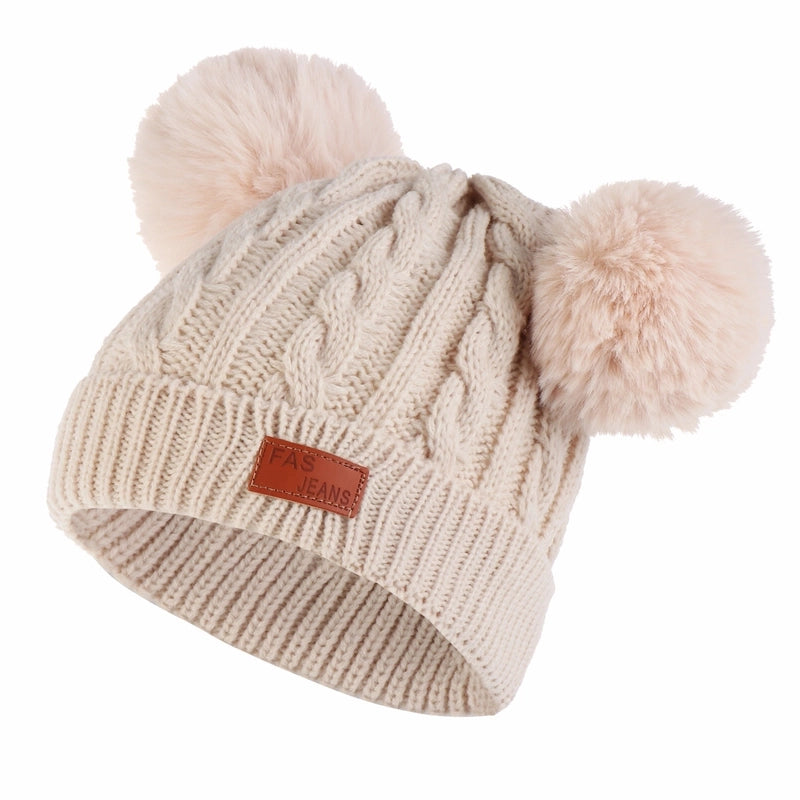 Autumn And Winter Children's Thickened Wool Hat Ear Double Hair Ball Warm Ear Protection Knitted Hat Set With Standard Solid Color Hat