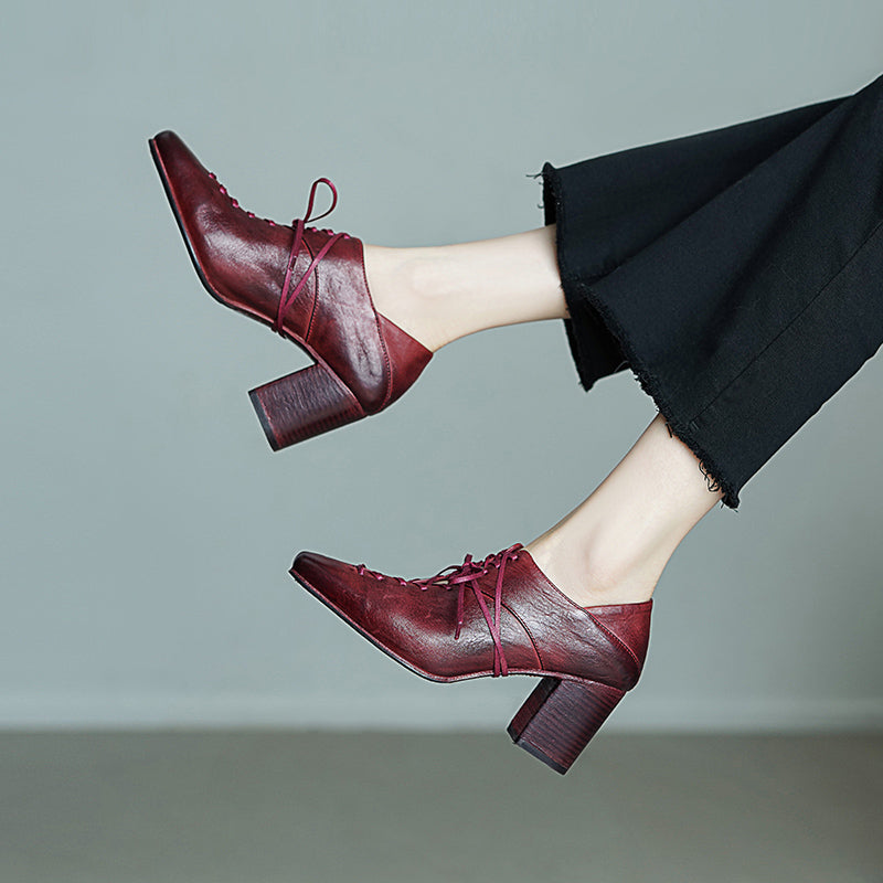 70mm Block Heel Washed Horsehide Leather Ballet-Inspired Lace-Up Pumps in Red/Black