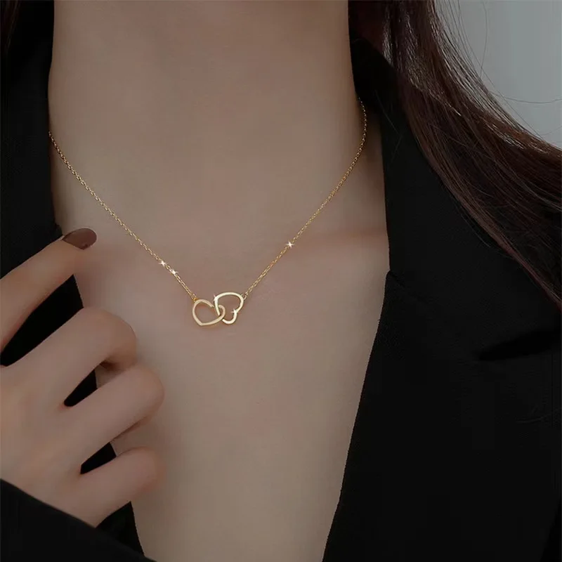 women love necklace. heart-shaped stainless steel necklace. double heart-shaped pendant necklace