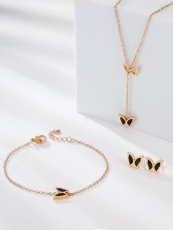 Fashion Cross Heart Shape Butterfly 201 Stainless Steel Shell 18K Gold Plated Plating Stainless Steel Jewelry Sets