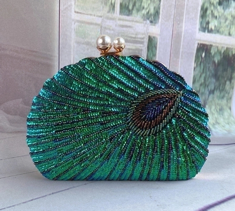 Blue Black Gold Metal Feather Beading Sequins Shell Evening Bags