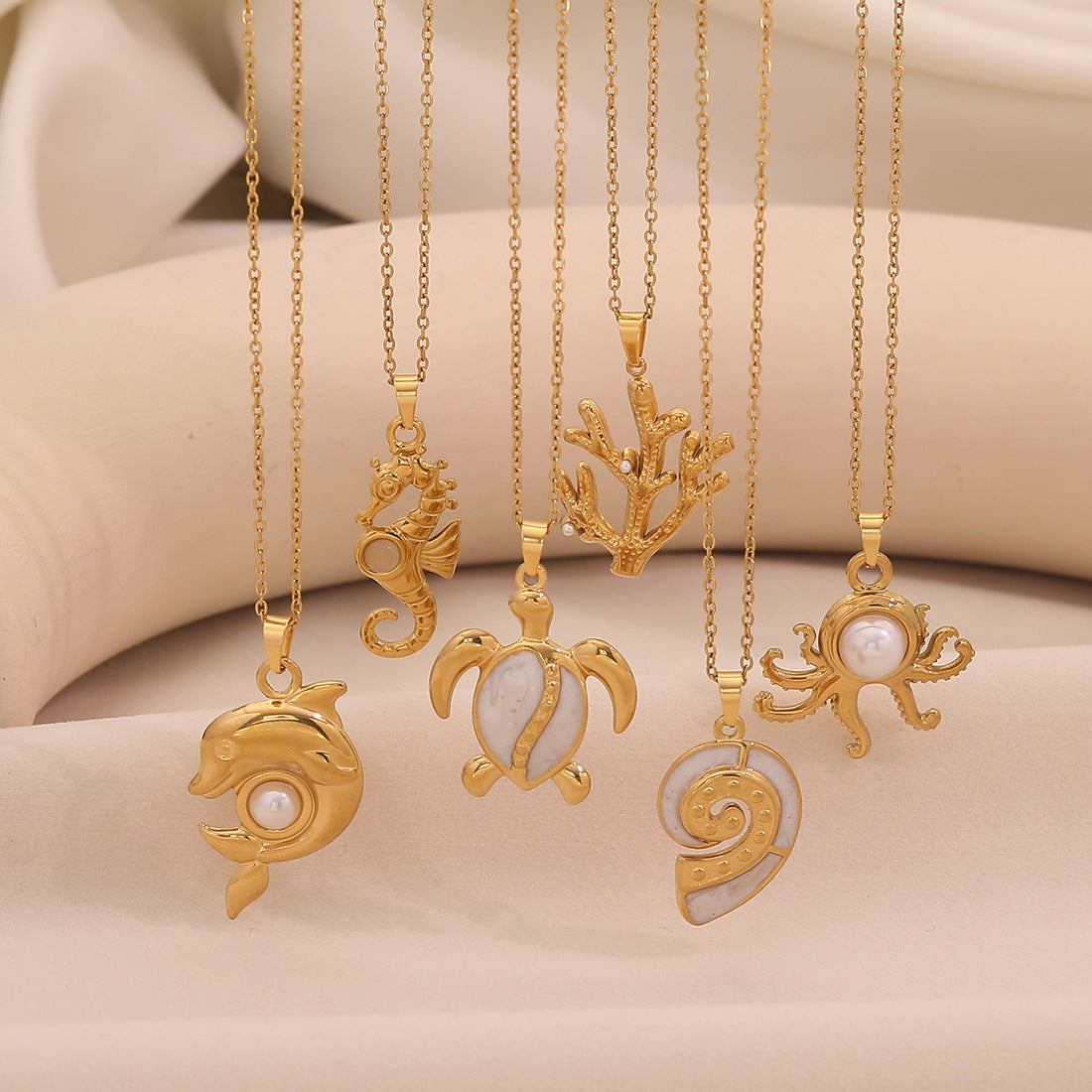Ocean Series Turtle Seahorse Pendant Conch Dolphin Stainless Steel Necklace Ins Trendy Necklace N1537