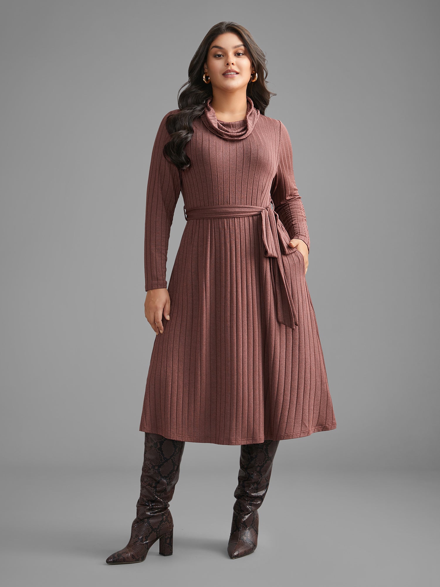 Pit Strip Turtleneck Belted Dress