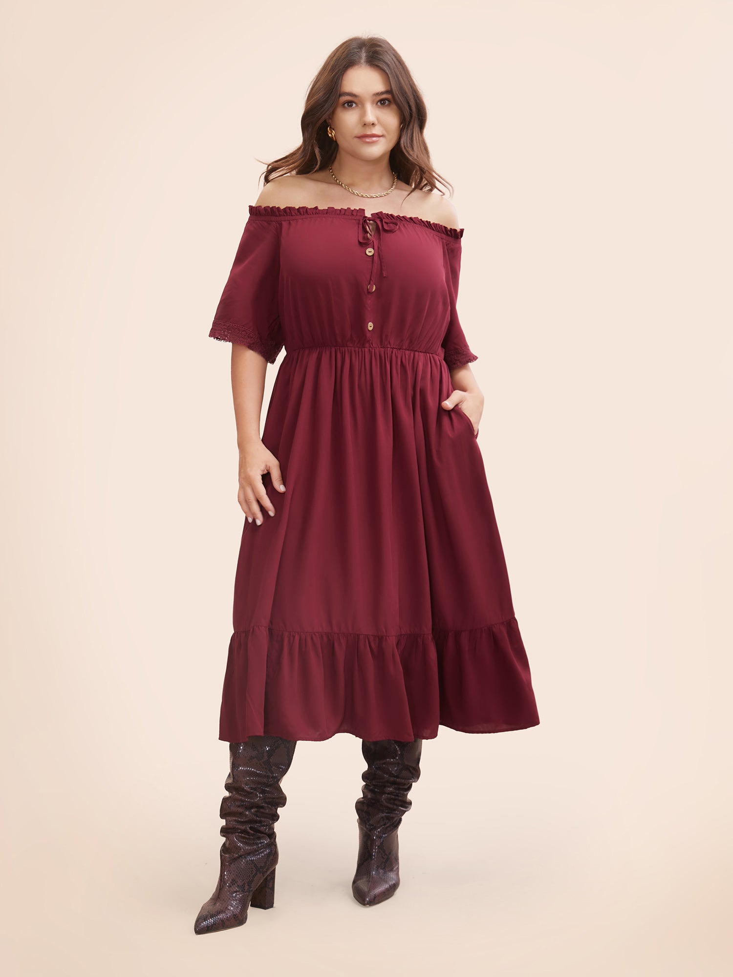 Plain Off Shoulder Lace Trim Ruffle Hem Dress