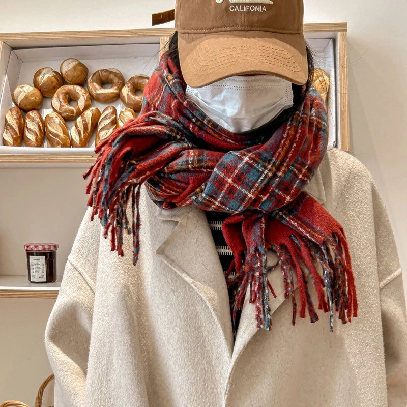 Women's Sweet Plaid Imitation Cashmere Tassel Scarf