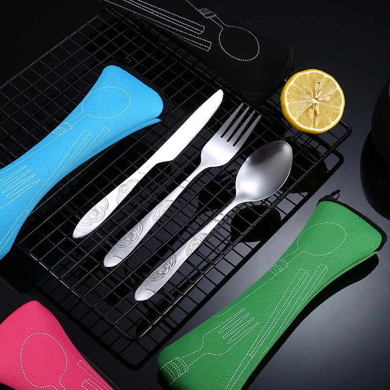 Stainless Steel Western-style Steak Knife. Fork And Spoon Creative Cloth Bag Portable Western-style Tableware Set Three-piece Set Supply
