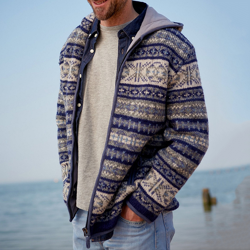 Mens Vintage Fair Isle Knitted Hooded Cardigan