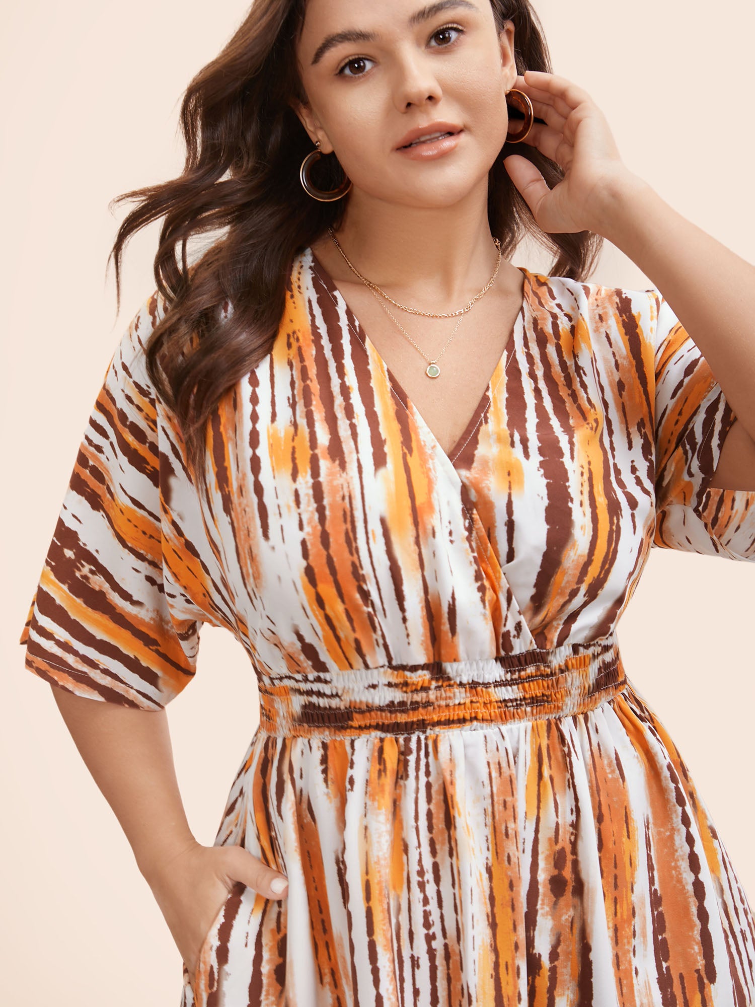 Striped Overlap Collar Shirred Maxi Dress