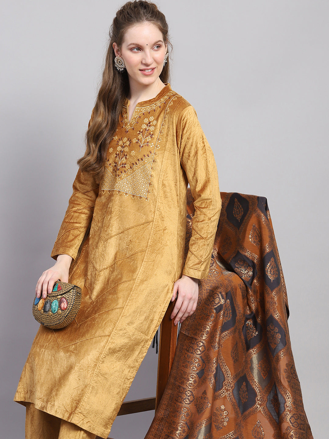 Women Mustard Embroidered Round Neck Full Sleeve Kurti Set with Stole