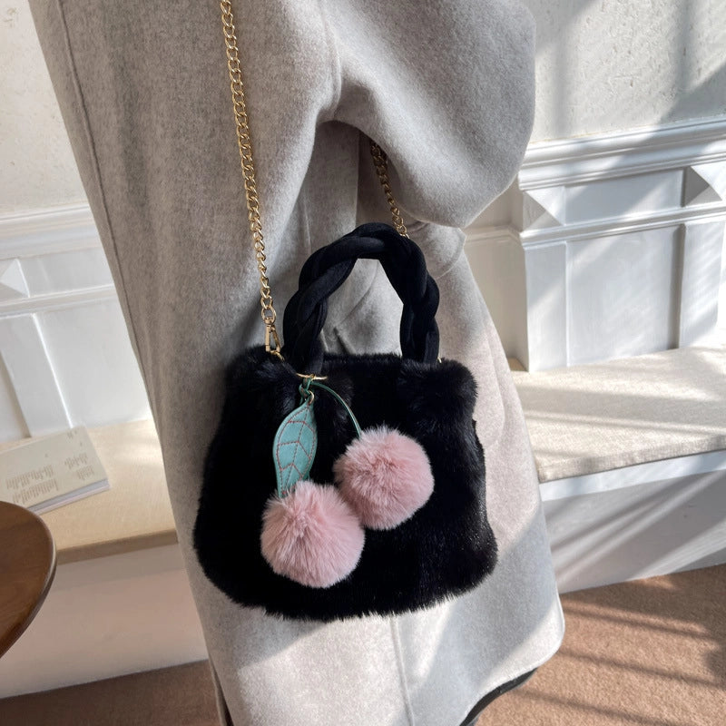 Women's All Seasons Plush Solid Color Elegant Bucket Magnetic Buckle Shoulder Bag Handbag Bucket Bag