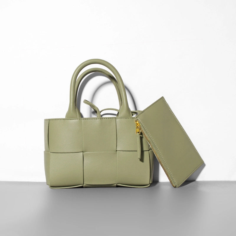 Women's Medium Two-Layer Cowhide Leather Solid Color Business Weave Square Open Shoulder Bag