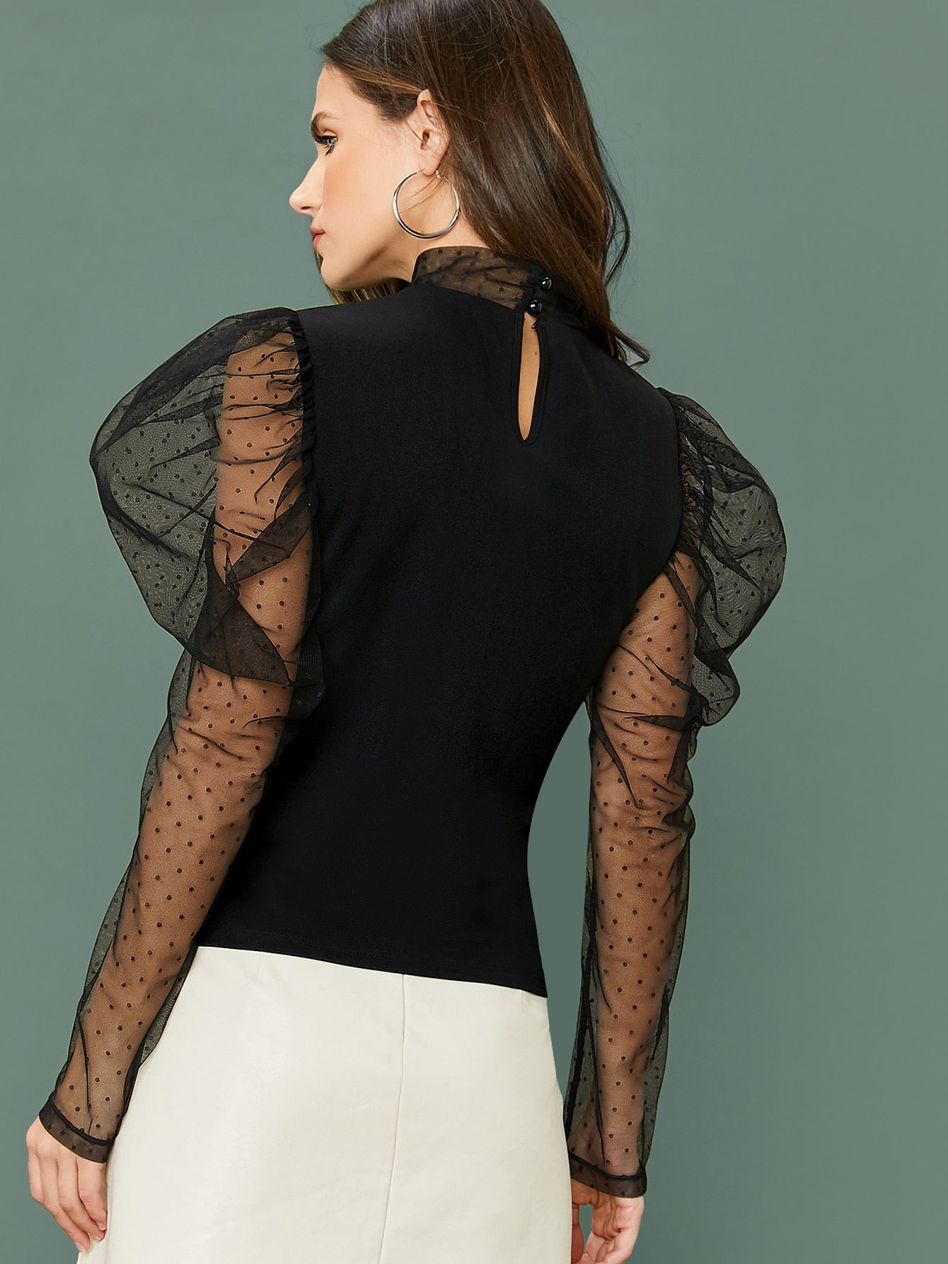 Dobby Mesh Panel Leg-of-mutton Sleeve Top( Clearance sale