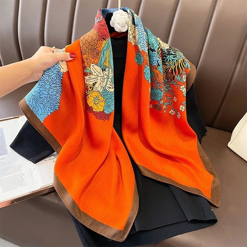 Women's Classical Square Flower Polyester Silk Scarf