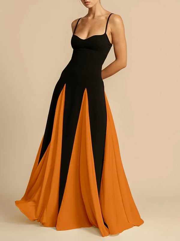 A-Line Sleeveless Contrast Color Pleated Split-Joint Spaghetti-Neck Evening Dresses Maxi Dresses