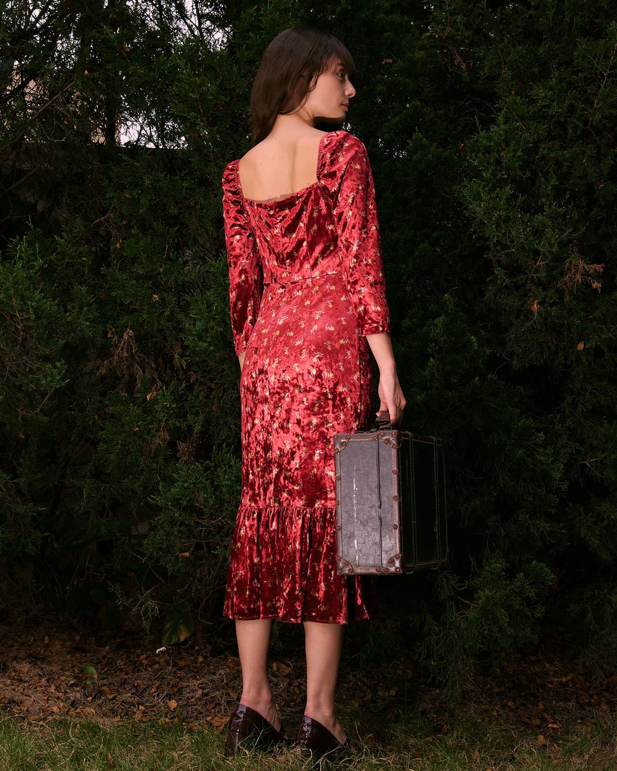 The Red Square Neck Floral Velvet Midi Dress