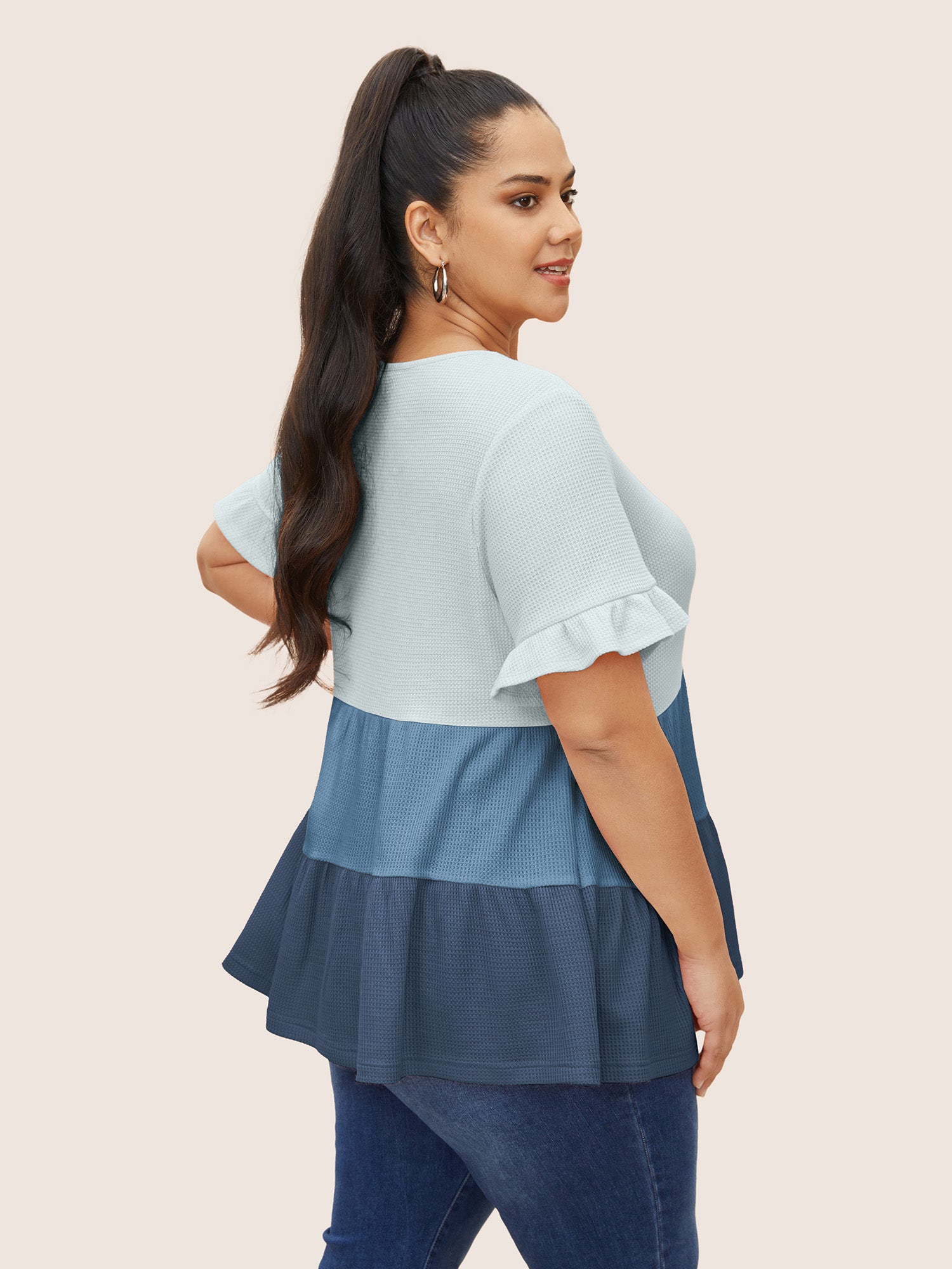 Waffle Knit Contrast Ruffle Layered Hem T-shirt